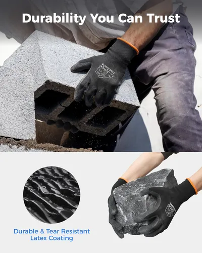 Vista 3 de toolant Guantes de trabajo de látex arrugado a granel, guantes de seguridad con revestimiento de goma para hombres y mujeres, 12 pares para Negro