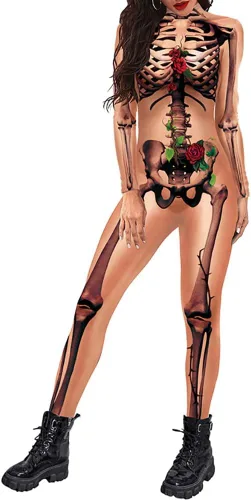 Vista 15 de Sister Amy Disfraz de esqueleto de Halloween para mujer, overol de cosplay