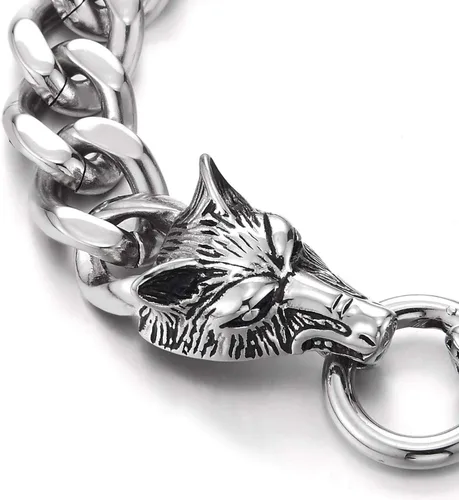 Vista 2 de COOLSTEELANDBEYOND Biker Punk Rock Mens Stainless Steel Wolf Head Curb Chain Bracelet with Spring Ring Clasp, 9 Inches