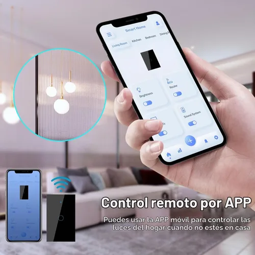 Vista 3 de Interruptor de luz de pared inteligente WiFi, estándar estadounidense, control de voz, panel de vidrio templado, interruptores táctiles Wi-Fi de 2.4