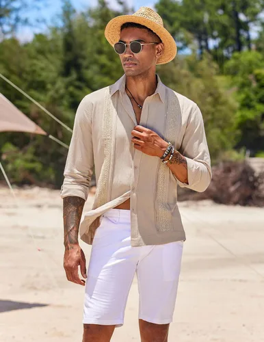 Vista 3 de COOFANDY Camisas de guayabera cubana para hombre, de manga larga, informal, con botones, de algodón, para la playa