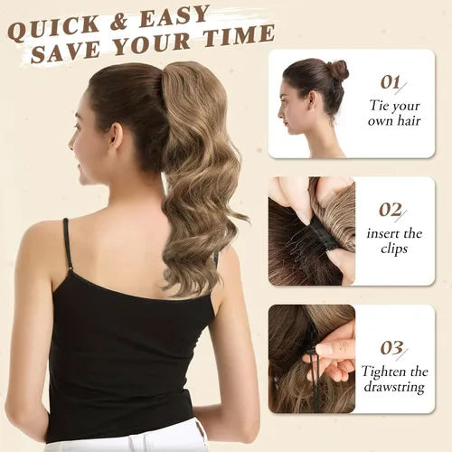Vista 3 de BARSDAR Cola de caballo corta ondulada con cordón, extensiones de cabello sintético de 16 pulgadas con clip, mezcla de marrón ceniza