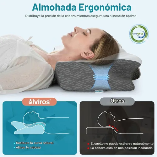 Vista 2 de Elviros - Almohada cervical de espuma viscoelástica con funda de almohada extraíble