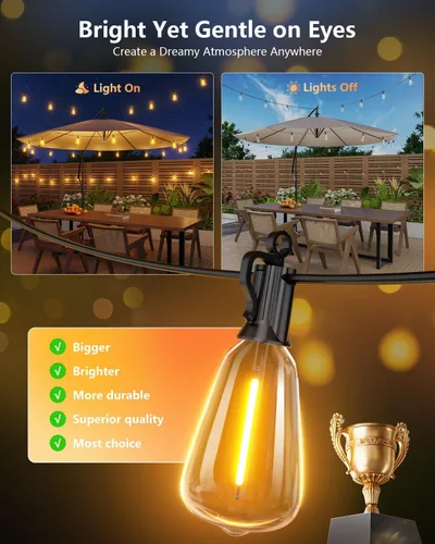 Vista 2 de Brightown Guirnalda de luces solares de 37 pies para exteriores, impermeable, con control remoto, 10+1 bombillas LED inastillables, regulables