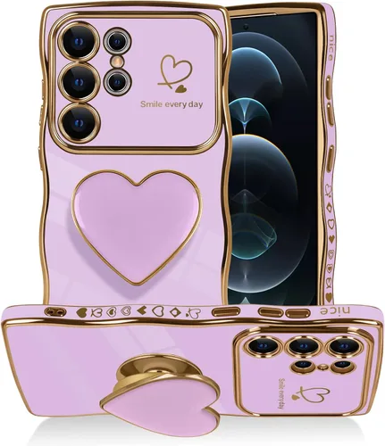 Vista 14 de Funda para Samsung Galaxy S23 Love-Heart Holder Case Cute Black Luxury Wave Frame forma rizada con corazón de amor, cubierta protectora de TPU suave