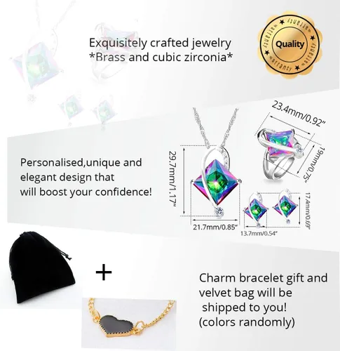 Vista 6 de Uloveido T295 - Juego de collar, anillo y aretes con topacio de cristal cuadrado grande