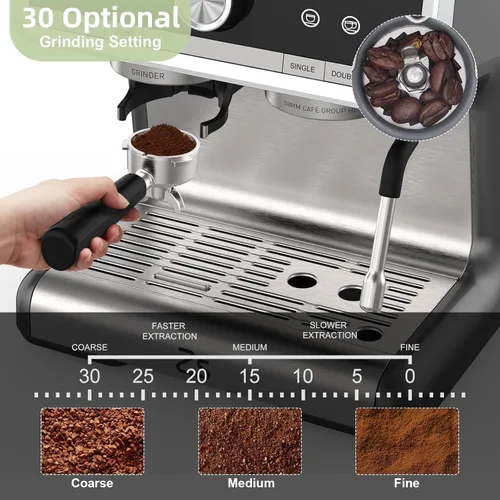 Vista 4 de Máquina de café expreso con molinillo y espumador de leche, cafetera de 20 barras con tanque de agua de 95 onzas, cafetera profesional 3 en 1