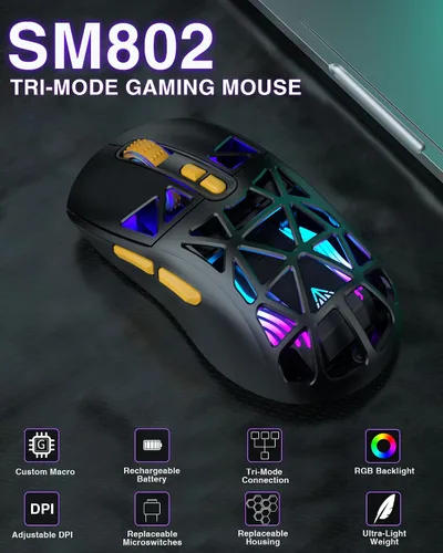 Vista 2 de SOLAKAKA SM802 - Ratón inalámbrico para juegos, 10000 DPI, triple modo con cable/BT 5.0/2.4GHz con botón lateral, mouse macro programable RGB