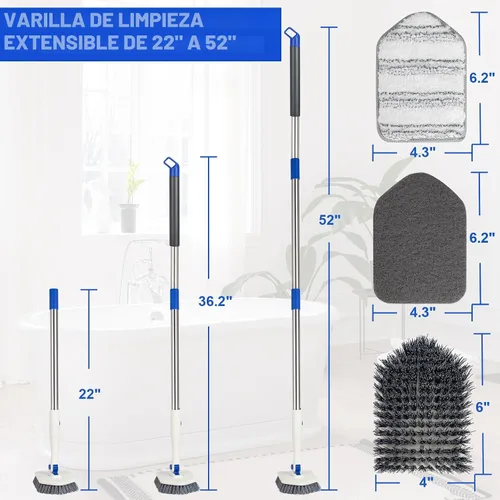 Vista 2 de Cepillo de limpieza para azulejos y tina con mango largo ajustable de 52 pulgadas, cepillo de ducha giratorio 3 en 1 para limpieza, 3 cabezales