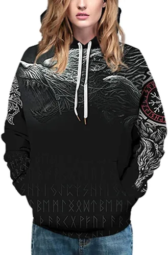 Vista 4 de Rainbow Town Sudaderas con capucha unisex con patrón de tatuaje vikingo con bolsillo grande Odin&Asgard Totem Streetwear para hombre