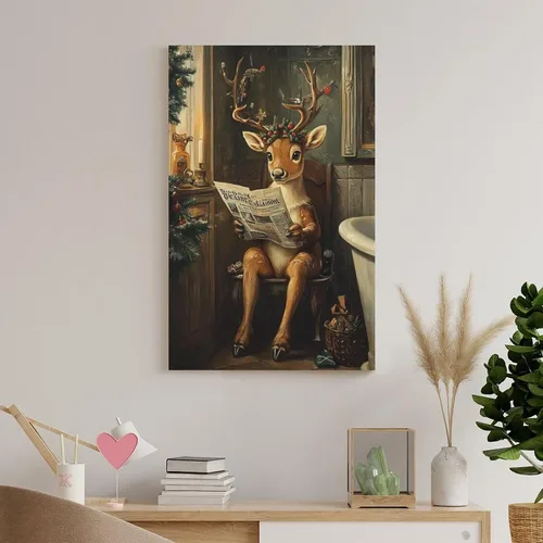 Vista 8 de Arte De Pared En Lienzo Vintage De Reno Navideño, Impresiones De Imágenes De Renos, Alces Sentados En El Inodoro, Pintura De Invierno, Póster Para