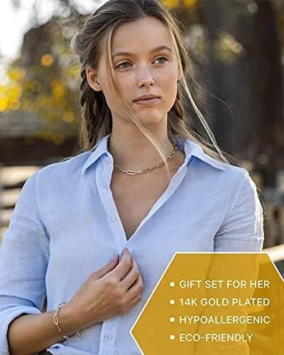 Vista 6 de Benevolence LA Collar de cadena de clip para mujer con juego de pulsera de clip, collar de eslabones de cadena de oro, collar y pulsera de oro de 14