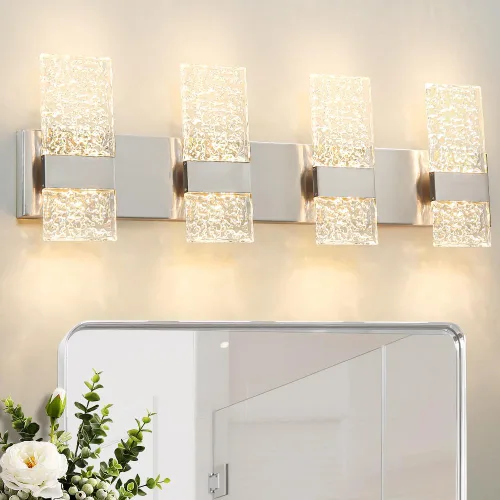 Vista 18 de Lámpara de tocador de baño moderna de cromo de 4 luces, elegantes accesorios de iluminación de baño de LED de cromo sobre espejo, accesorios