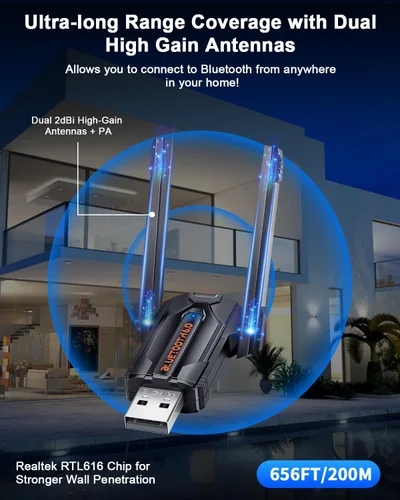 Vista 3 de ZEXMTE Adaptador Bluetooth 6.0 para PC, receptor transmisor Bluetooth USB de doble antena Plug & Play, largo alcance de 656.2 ft/656 pies, chip