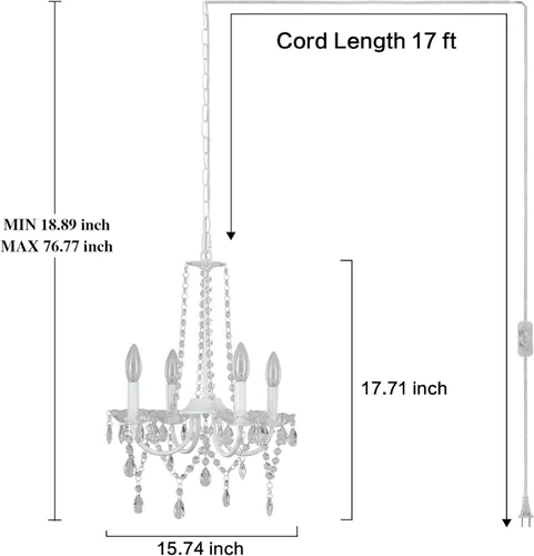 Vista 5 de ETONIMERR Lámpara de araña pequeña de cristal con enchufe Iluminación 4 luces Lámpara de araña moderna de cristal con cable de enchufe de 5.2 metros