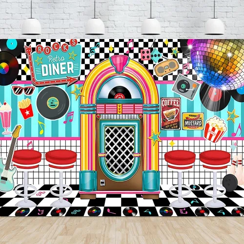 Vista 8 de Fondo de fiesta retro de los años 50 de 7 x 5 pies, decoración de Rock and Roll Sock Hop de los años 50, fondo de fotografía, accesorios para cabina