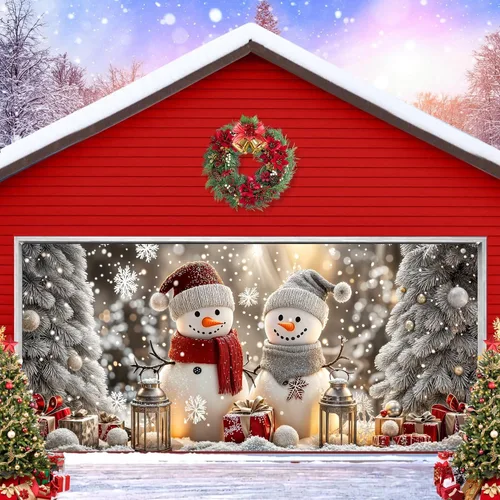 Vista 9 de Cubierta de puerta de garaje de Navidad de 6 x 8 pies, Papá Noel, retro, camión, nieve, árbol de Navidad, decoración de puerta de garaje, decoración