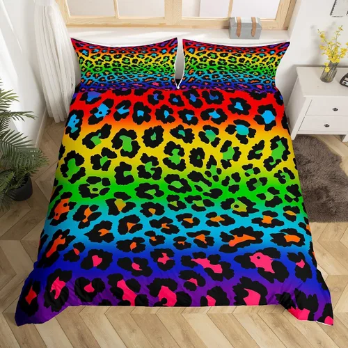 Vista 9 de Feelyou Juego de ropa de cama con estampado de leopardo para niñas, niños y mujeres, funda de edredón de piel de leopardo arcoíris neón, funda