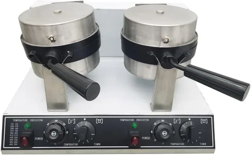 Vista 4 de TECHTONGDA Máquina de gofres redonda comercial de 110 V antiadherente giratoria, máquina eléctrica de gofres de doble cabezal con control