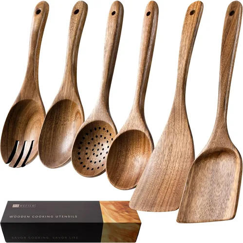 Vista 14 de cucharas de madera para cocinar, juego de utensilios de cocina antiadherentes con 10 piezas de espátulas y cucharas de madera de acacia