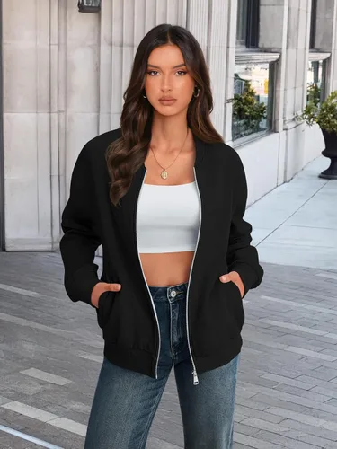 Vista 4 de MEROKEETY Sudaderas con cremallera de manga larga para mujer, chaquetas casuales holgadas de abrigo con bolsillos Negro