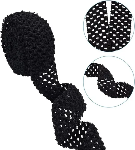 Vista 3 de KISSITTY 2 rollos de cintas elásticas de ganchillo de 10.93 yardas, de poliéster negro, banda elástica de ganchillo plano para envolver regalos