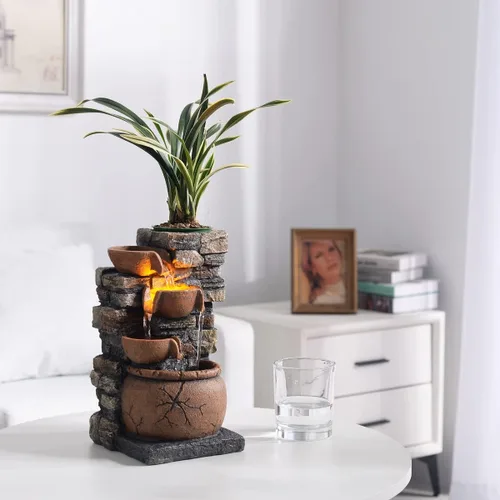 Vista 6 de Fuente interior de 4 tazones Rockery con sonido calmante para decoración del hogar y la oficina con una pequeña maceta de plástico para cultivar