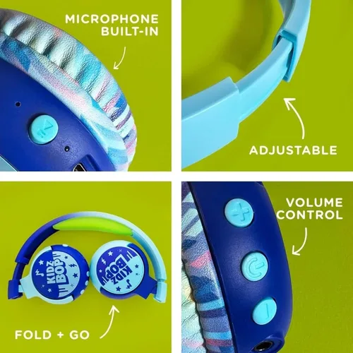 Vista 3 de Move2Play, Kidz Bop, auriculares Bluetooth para niños Micrófono y altavoces de alta definición Limitación de volumen de 94dB Inalámbricos Azul