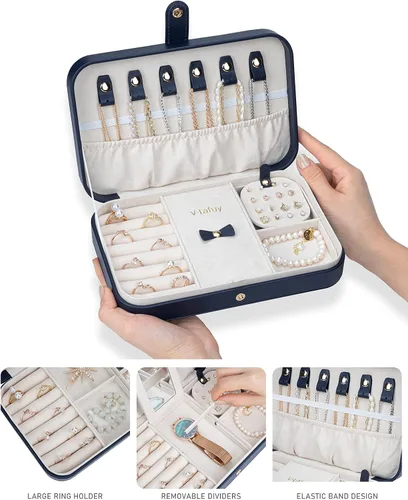 Vista 2 de Joyero de viaje, joyero pequeño de piel sintética portátil, estuche de viaje para anillos, aretes, collares, pulseras, relojes, azul marino B