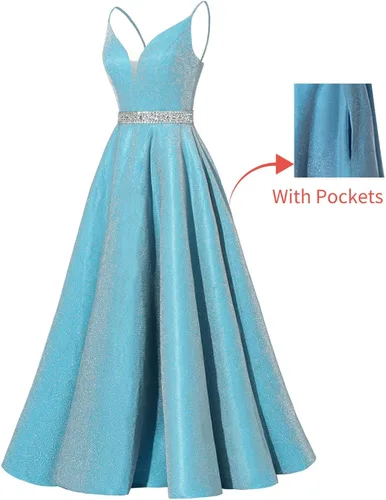 Vista 2 de Yexinbridal Vestido de fiesta con tirantes delgados con purpurina y cuentas largas de satén con cuello en V