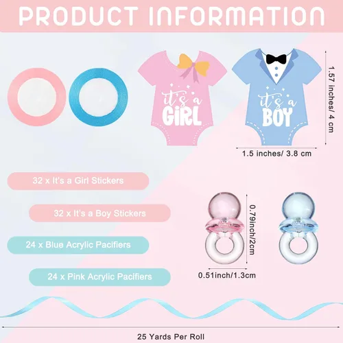 Vista 3 de 162 piezas de revelación de género para baby shower, 48 mini botellas de leche de plástico para bebé, 48 mini chupetes de plástico, 64 calcomanías