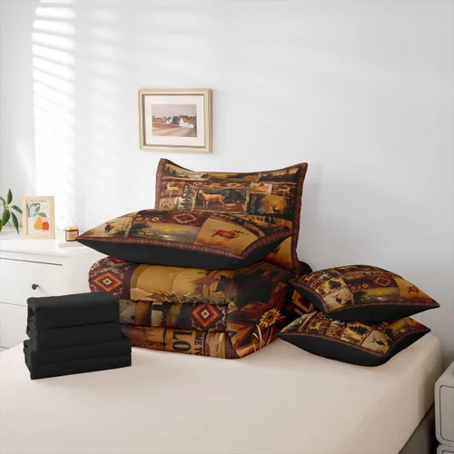 Vista 139 de Feelyou Juego de edredón de ciervo con sábanas – Tamaño Queen 7 piezas Juego de ropa de cama infantil de caza rústica – Cama de ciervo de cabaña