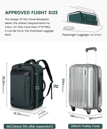 Vista 3 de LOVEVOOK Mochila de transporte grande de 45 litros para mujeres y hombres, aprobada por aerolíneas, mochilas de maleta grande expandible con 4 cubos