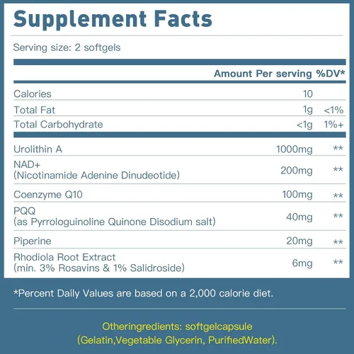 Vista 5 de Suplemento de Urolitina A con NAD+, CoQ10 y PQQ – Antioxidantes y apoyo mitocondrial para vitalidad y envejecimiento saludable – Enfoque