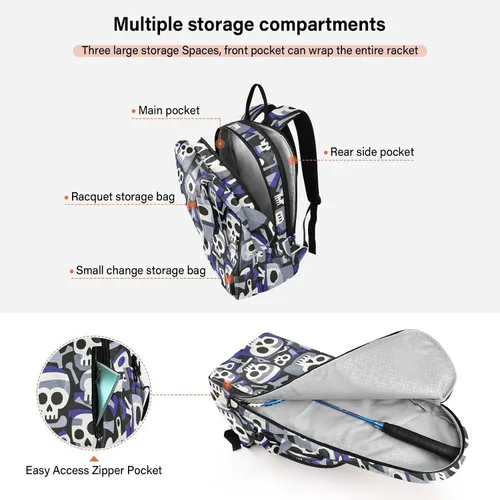 Vista 5 de Sporting Goods - Bolsa de tenis transpirable con calavera abstracta blanca para tenis, bádminton, bolsa de tenis para mujer