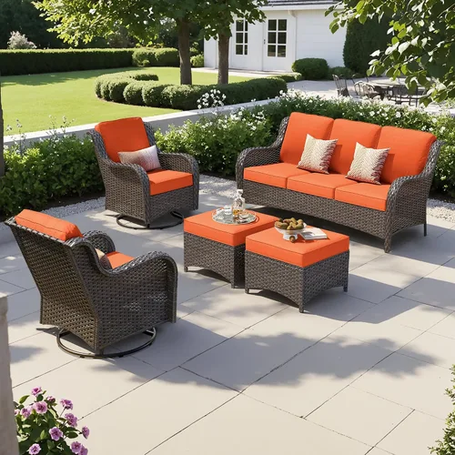 Vista 18 de Juego de muebles de exterior para patio, silla y sofá (ratán marrón, beige, 3 piezas)