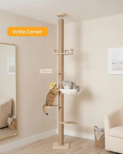 Vista 2 de Aechonow 9.8ft Floor to Ceiling Cat Tree for Large Cats, 5-Tier Cat Tower Adjustable Height(88-119 in), Cozy Hammock, Multi-Level Perches, Modern