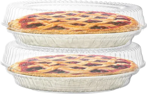 Vista 2 de Recipientes desechables de plástico de 9 pulgadas con tapas de bloqueo con bisagras 5 recipientes redondos para pasteles/flan para transporte