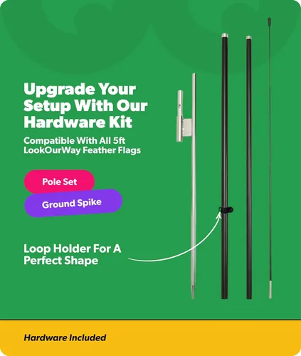 Vista 6 de LookOurWay Set de bandera de plumas - Bandera publicitaria de 5 pies de alto con kit de poste y pico de tierra para promoción de negocios - Abierto