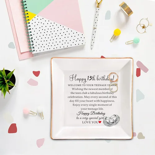 Vista 2 de XJF Plato de Joyería de Cerámica para Cumpleaños 13, Regalos para Niñas de Mamá, Decoraciones Feliz 13, Regalos de 13 Años para Niños