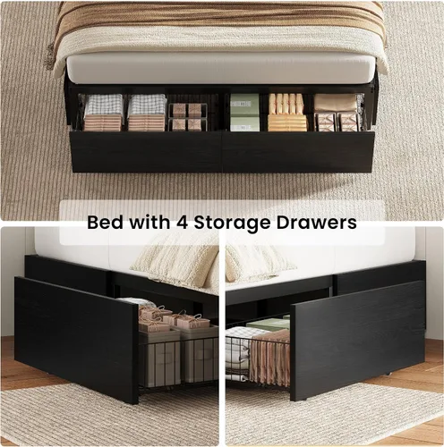 Vista 4 de LIKIMIO Queen Bed Frame with 4 Storage Drawers, Black Queen Size Platform Bed, Heavy Strong Metal Support, Solid Stable, Noise-Free, No Box Spring