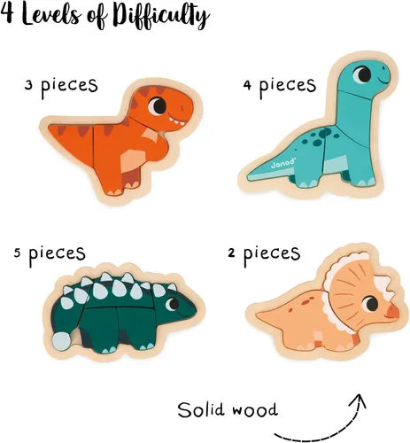 Vista 2 de Janod 4 rompecabezas progresivos de dinosaurio de madera FSC, de 2 a 5 piezas, juguetes para niños, juegos educativos, juguetes de primeros años, 18