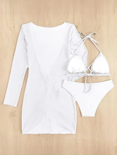 Vista 12 de SherryDC Traje de baño sexy de 3 piezas para mujer, conjunto de bikini triangular con cuello halter y manga larga, traje de baño con cordón