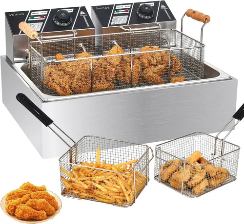 Vista 12 de Freidora comercial profunda con cestas, 3400W 12.7QT/12L de acero inoxidable engrosado para mostrador, freidora eléctrica de aceite de gran