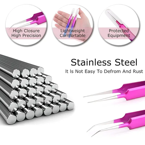 Vista 2 de Pinzas de pestañas aislantes para extensiones de pestañas de volumen, acero inoxidable de precisión profesional, color morado 6.89 x 1.5 x 0.79