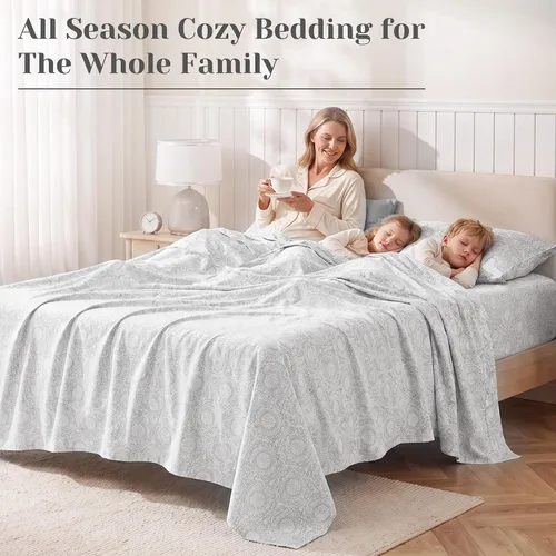 Vista 9 de Comfort Spaces Juego de sábanas de percal 100% algodón, 4 piezas, color Adelia Gris