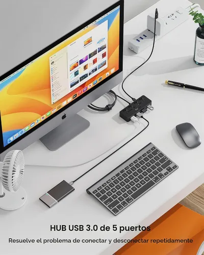 Vista 2 de Aceele Hub USB 3.0 con interruptores de alimentación LED individuales y puerto de alimentación tipo C, divisor USB multipuerto 3.0 con cable de 4
