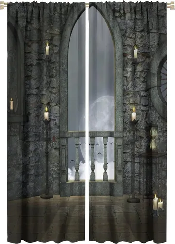 Vista 54 de Cortinas góticas con diseño de luna de Halloween, historia, puerta espeluznante, fondo de terror, vela, ficción, patrón de impresión, sala de estar