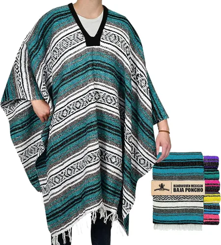 Vista 9 de Artisans Bazaar Poncho tradicional mexicano de Baja para hombres y mujeres, auténtico sarape de Gaban, manta de vaquero Pancho Jorongo Aguamarina