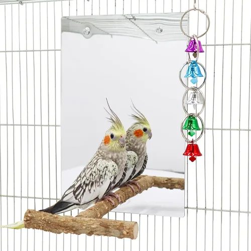 Vista 7 de Juguete de espejo de pájaro con soporte de perca, espejo de perico de loro con campana oscilante para pájaros, accesorios de jaula de pájaros